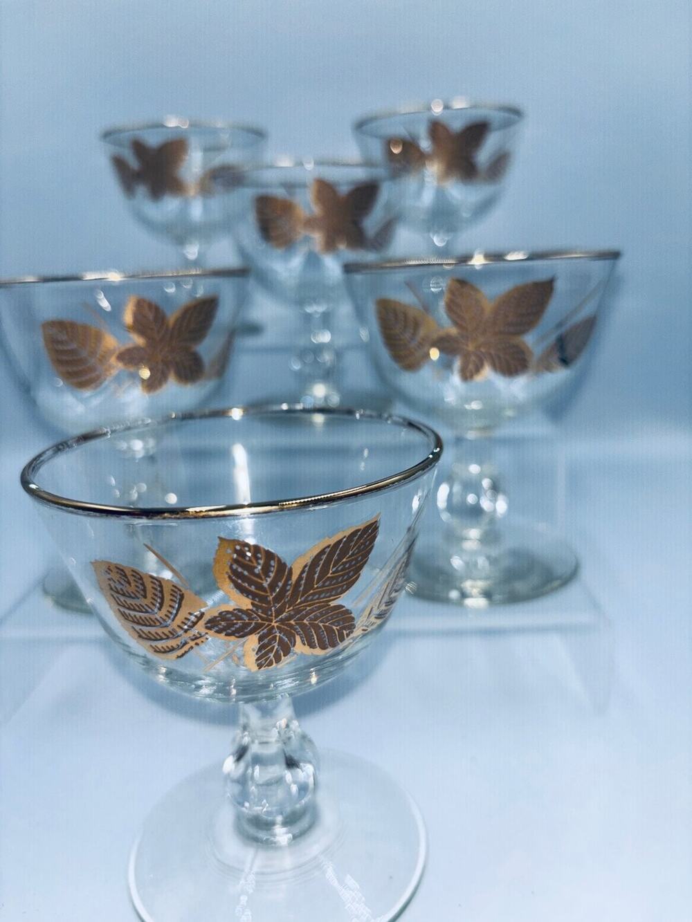 Vintage Libbey Gold Leaf Dessert Glasses Set of 6 Champagne Coupes 4" Tall